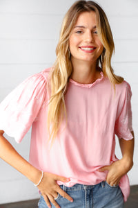Soft Pink Mock Neck Embroidered Woven Top