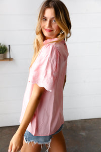 Soft Pink Mock Neck Embroidered Woven Top