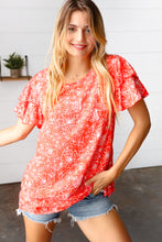 Load image into Gallery viewer, Sunset Orange Floral Flutter Sleeve Woven Top