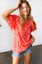 Load image into Gallery viewer, Sunset Orange Floral Flutter Sleeve Woven Top