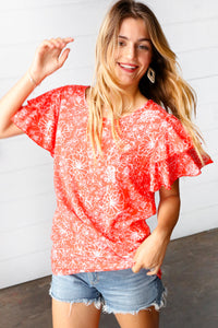 Sunset Orange Floral Flutter Sleeve Woven Top