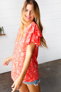 Sunset Orange Floral Flutter Sleeve Woven Top