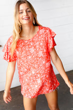 Load image into Gallery viewer, Sunset Orange Floral Flutter Sleeve Woven Top