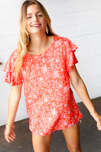 Sunset Orange Floral Flutter Sleeve Woven Top