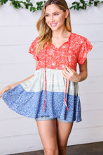 Load image into Gallery viewer, Red &amp; Blue Color Block Tiered Tie Neck Top