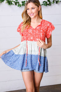 Red & Blue Color Block Tiered Tie Neck Top