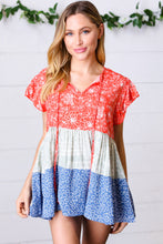 Load image into Gallery viewer, Red &amp; Blue Color Block Tiered Tie Neck Top
