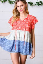 Load image into Gallery viewer, Red &amp; Blue Color Block Tiered Tie Neck Top