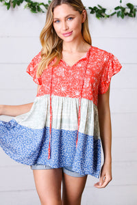 Red & Blue Color Block Tiered Tie Neck Top