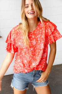 Sunset Orange Floral Flutter Sleeve Woven Top
