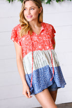 Load image into Gallery viewer, Red &amp; Blue Color Block Tiered Tie Neck Top