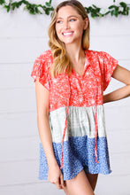 Load image into Gallery viewer, Red &amp; Blue Color Block Tiered Tie Neck Top