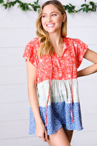 Red & Blue Color Block Tiered Tie Neck Top