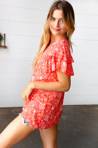Sunset Orange Floral Flutter Sleeve Woven Top