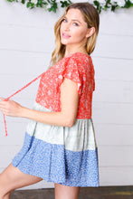 Load image into Gallery viewer, Red &amp; Blue Color Block Tiered Tie Neck Top