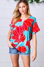 Load image into Gallery viewer, Teal &amp; Cherry Red Floral Print V Neck Top