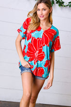 Load image into Gallery viewer, Teal &amp; Cherry Red Floral Print V Neck Top