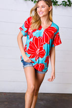 Load image into Gallery viewer, Teal &amp; Cherry Red Floral Print V Neck Top