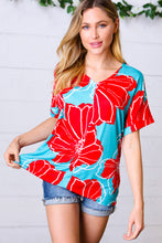 Load image into Gallery viewer, Teal &amp; Cherry Red Floral Print V Neck Top