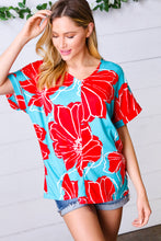 Load image into Gallery viewer, Teal &amp; Cherry Red Floral Print V Neck Top