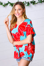 Load image into Gallery viewer, Teal &amp; Cherry Red Floral Print V Neck Top