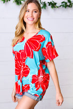 Load image into Gallery viewer, Teal &amp; Cherry Red Floral Print V Neck Top