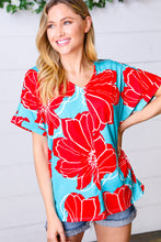 Load image into Gallery viewer, Teal &amp; Cherry Red Floral Print V Neck Top