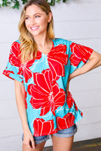 Load image into Gallery viewer, Teal &amp; Cherry Red Floral Print V Neck Top