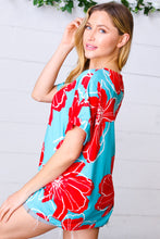 Load image into Gallery viewer, Teal &amp; Cherry Red Floral Print V Neck Top