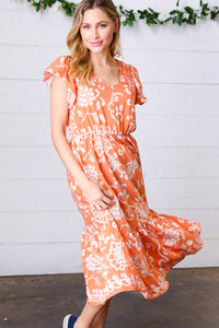Sunset Boho Ethnic Floral V Neck Flutter Sleeve Dress
