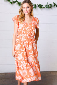 Sunset Boho Ethnic Floral V Neck Flutter Sleeve Dress