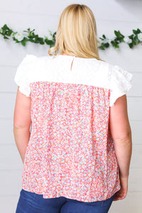 Coral & White Floral Embroidered Yoke Top
