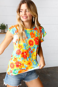 Yellow & Red Floral Flutter Sleeve Top