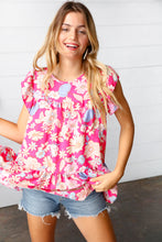 Load image into Gallery viewer, Fuchsia Floral Yoke Flutter Sleeve Keyhole Back Top
