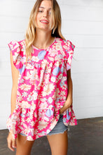 Load image into Gallery viewer, Fuchsia Floral Yoke Flutter Sleeve Keyhole Back Top