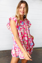Load image into Gallery viewer, Fuchsia Floral Yoke Flutter Sleeve Keyhole Back Top