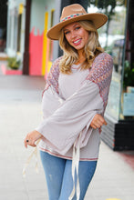 Load image into Gallery viewer, Taupe &amp; Burgundy Chevron Raglan Lace-Up Bell Sleeve Top