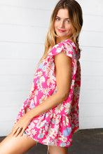 Load image into Gallery viewer, Fuchsia Floral Yoke Flutter Sleeve Keyhole Back Top