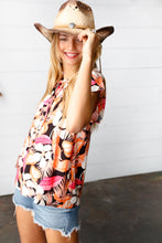 Load image into Gallery viewer, Peach Tropical Floral Tie Neck Raglan Top