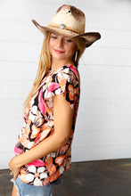 Load image into Gallery viewer, Peach Tropical Floral Tie Neck Raglan Top