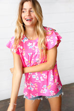 Load image into Gallery viewer, Pink Floral Print Ruffle Short Sleeve Yoke Top