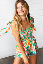 Load image into Gallery viewer, Orange &amp; Green Geometric Smocked Shoulder Tie Top