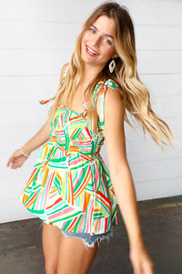 Orange & Green Geometric Smocked Shoulder Tie Top