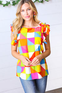 Multicolor Geometric Double Ruffle Sleeve Crinkle Top