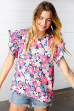 Load image into Gallery viewer, Peach/Navy Floral Chiffon Smocked Ruffle Sleeve Top
