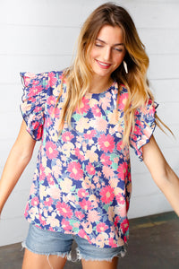 Peach/Navy Floral Chiffon Smocked Ruffle Sleeve Top