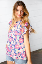 Load image into Gallery viewer, Peach/Navy Floral Chiffon Smocked Ruffle Sleeve Top