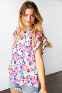 Peach/Navy Floral Chiffon Smocked Ruffle Sleeve Top