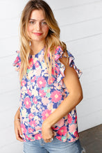 Load image into Gallery viewer, Peach/Navy Floral Chiffon Smocked Ruffle Sleeve Top