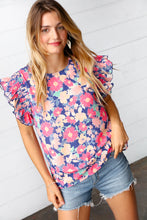 Load image into Gallery viewer, Peach/Navy Floral Chiffon Smocked Ruffle Sleeve Top